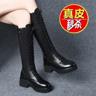 秋冬季 溫州真牛皮粗跟2024新款 單靴高筒長靴女系帶騎士靴馬丁靴女