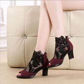 女2026新款 中跟夏季 罗马粗跟高跟鞋 温州蕾丝网纱透气鱼嘴鞋 凉鞋 女