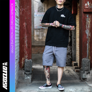 来福叶店中短裤五分裤松紧刺绣宽松西海岸街头嘻哈说唱工装裤子