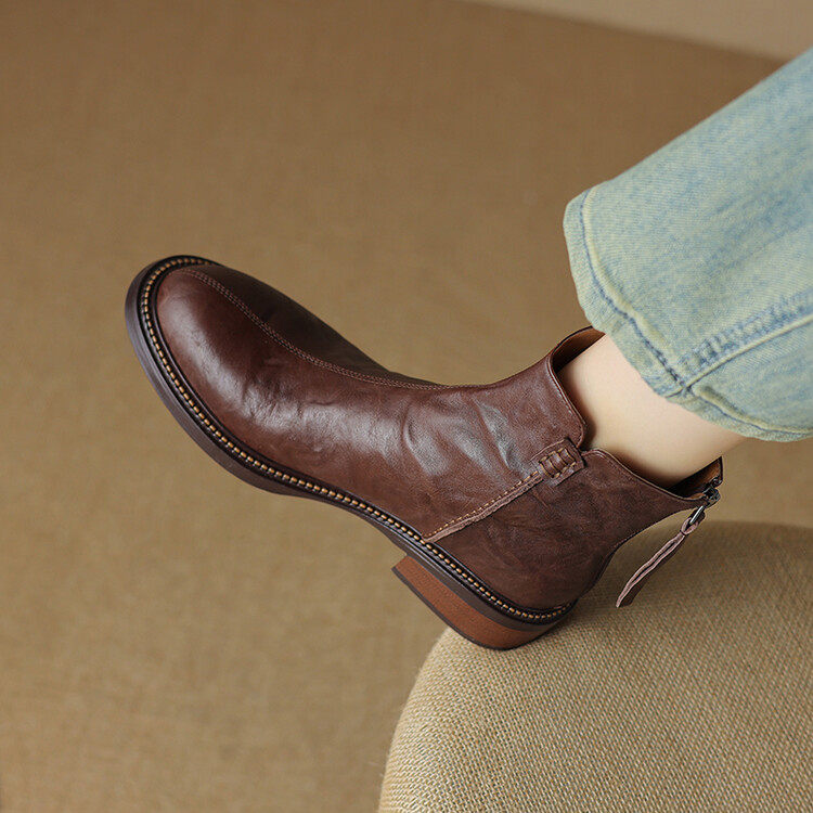 英伦风棕色马丁靴女款秋冬单靴软底女靴真皮靴子粗跟裸靴平底短靴