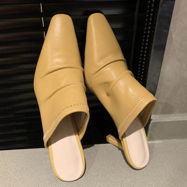 巨舒服！今年流行的鞋子真皮高跟鞋半拖街拍ins软皮细跟穆勒凉拖