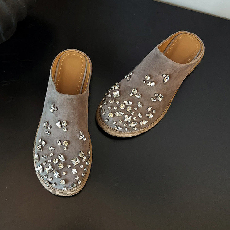 巨好看~手工制作真皮羊翻皮水钻包头拖鞋女外穿夏天低跟平底灰色,女鞋,包头拖,淘宝优惠券,粉丝福利购,淘宝优惠卷