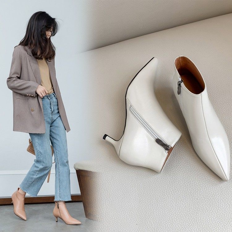 3公分小跟鞋猫跟靴子女尖头细跟韩系及踝靴秋冬低跟裸靴白色短靴,女鞋,时装靴,淘宝优惠券,粉丝福利购,淘宝优惠卷