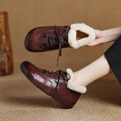 复古加绒系带小皮鞋女冬季棉鞋子羊毛毛单鞋圆头平底内增高勃肯鞋