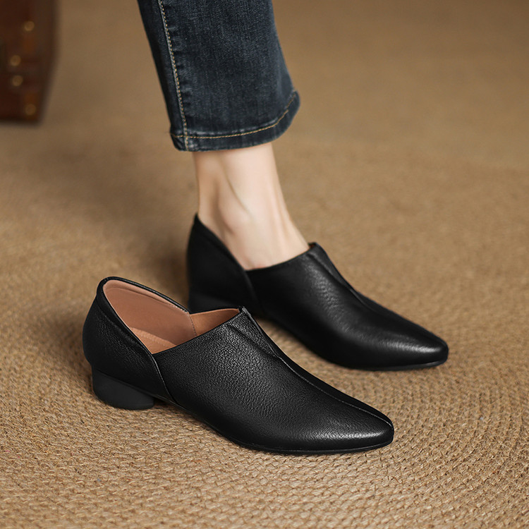 英伦风羊皮乐福鞋女款春秋百搭一脚蹬女鞋深口单鞋粗跟低跟小皮鞋