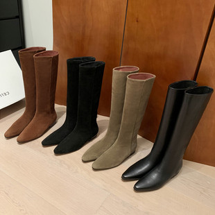 真皮法式平底翻毛皮骑士靴小个子膝下靴宽筒齐膝靴平口高筒长靴女