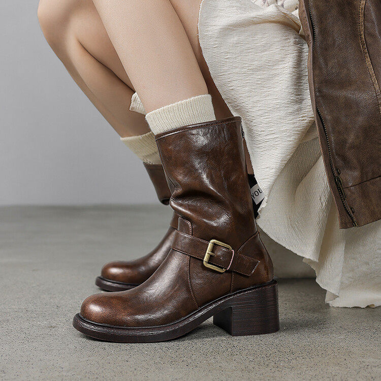 真皮复古皮带扣后拉链西部靴粗高跟中筒靴女新款马丁靴短靴女长靴