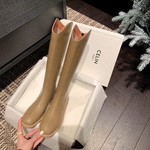 及膝长筒骑士靴女真皮V口高筒靴子粗腿高个子奶茶色平底直筒长靴