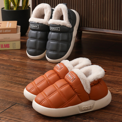 皮面PU冬季棉拖鞋防水包跟