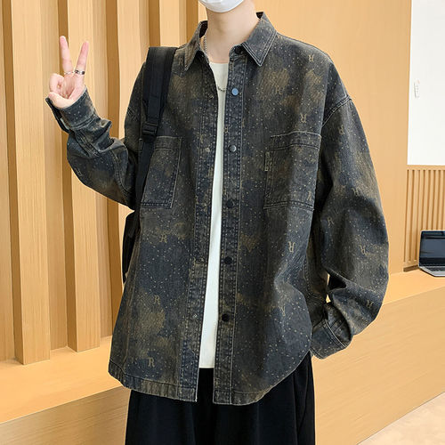 2026秋新款青少年牛仔翻领衬衫外套撞色设计男生宽松痞帅百搭外套