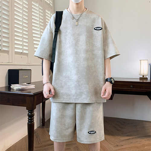 夏季重磅棉小众高级感酷帅穿搭扎染脏脏短袖青少年美式高街套装