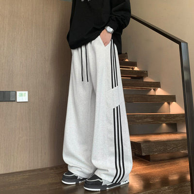 潮牌春秋新款青少年美式重磅三条杠运动卫裤宽松直筒百搭休闲裤