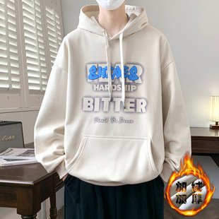 秋冬新款青少年加绒加厚连帽卫衣学院风趣味印花设计宽松百搭上衣