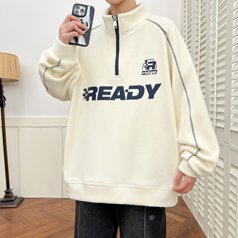 半高领拉链双面奥粒绒卫衣秋冬新款加绒加厚保暖拼接设计男生卫衣