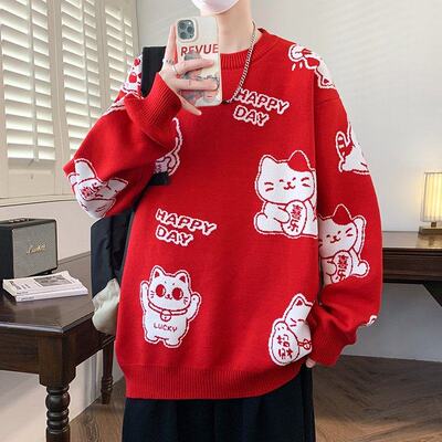 2026新年款大红色圆领针织衫招财猫提花设计加厚保暖舒适百搭毛衣