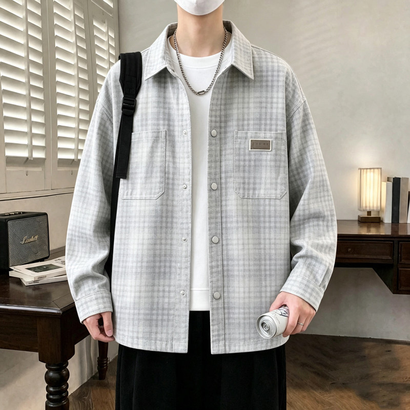 2026春秋穿搭学院风格纹衬衫宽松有型男生百搭个性翻领长袖衬衣