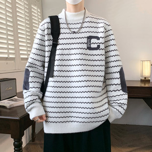 冬季上新内搭青少年条纹毛衣撞色圆领加厚保暖男生学院风针织衫