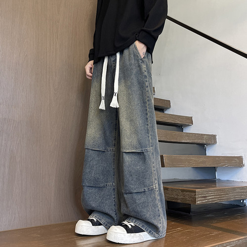 潮牌美式拼接宽松牛仔裤男生