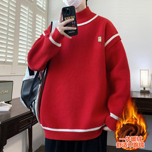 冬季上新青少年学院风半高领加绒加厚毛衣韩版拼接设计百搭上衣