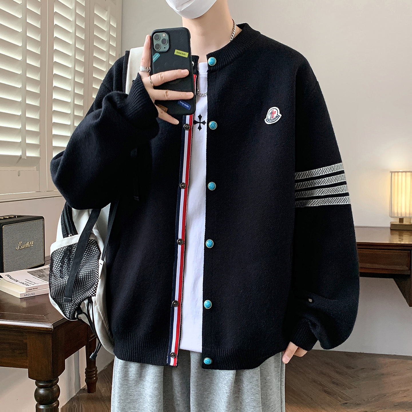 秋冬上新青少年设计感针织开衫潮牌拼加厚保暖男生百搭毛衣开衫