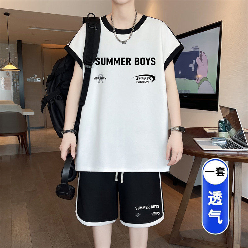 夏季清爽潮流时尚两件套男生宽松有型休闲运动风百搭个性短袖套装