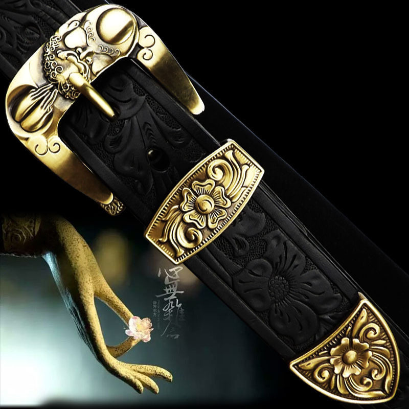 手工定制皮带男真皮唐草纹皮雕个性纯铜针扣三件套腰带纯牛皮裤带