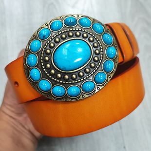 新款 带 森女复古绿松石黄色女士皮带头层牛皮带女平滑扣腰带真皮裤