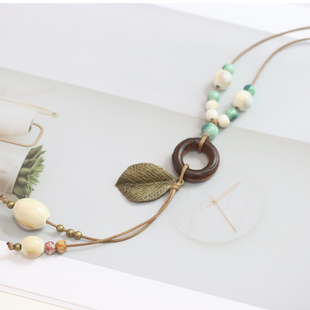 旧时轻梦 民族风景德镇陶瓷项链可调节木圈毛衣链544 简约新中式