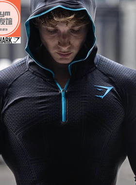 GYMSHARK ONYX1.0蓝玛瑙男士运动健身无缝高弹性速干修身连帽长袖