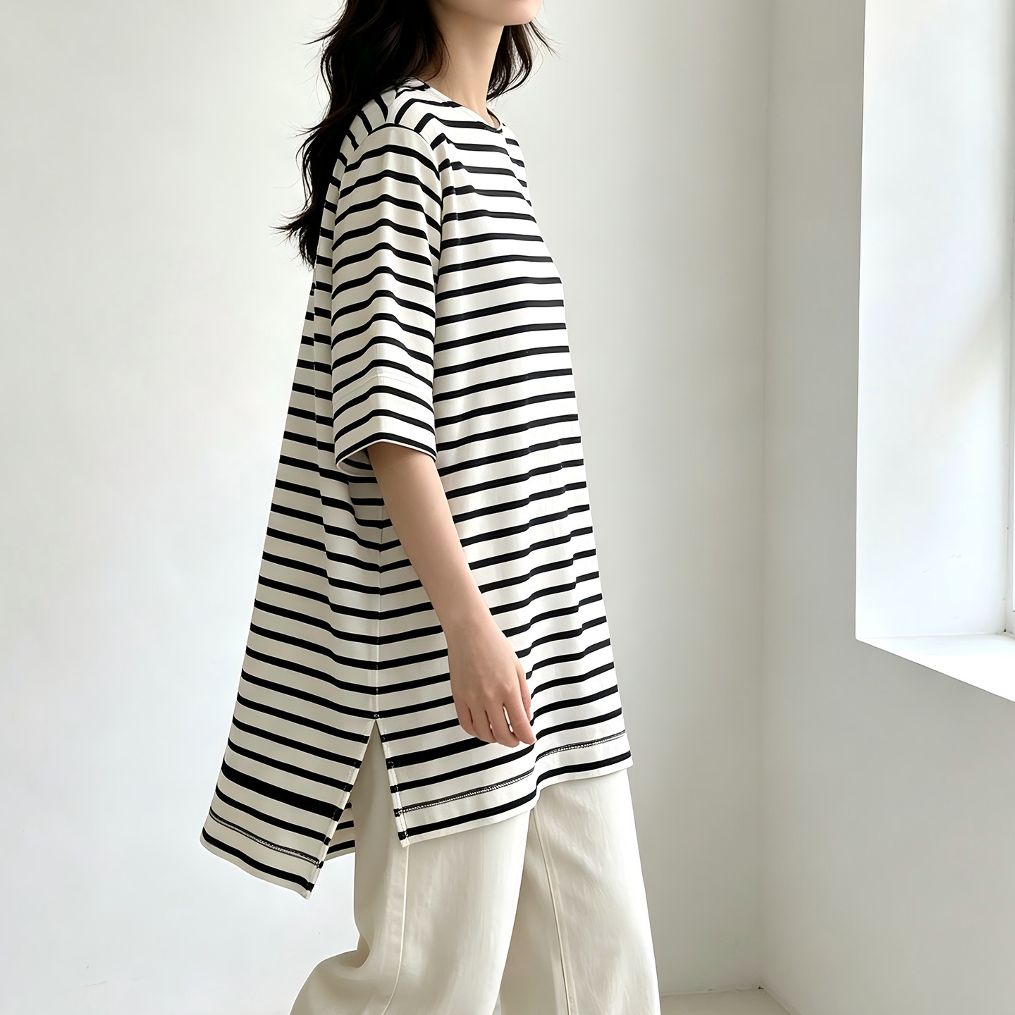 中长款夏季宽松五分袖条纹T恤女图片