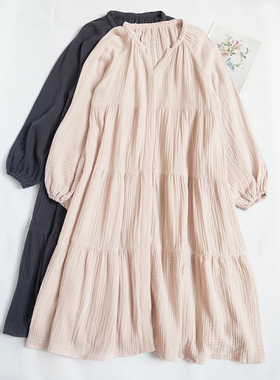 日系新款女士外穿家居服V领长袖连衣裙宽松版舒适透气双层纱布Q68