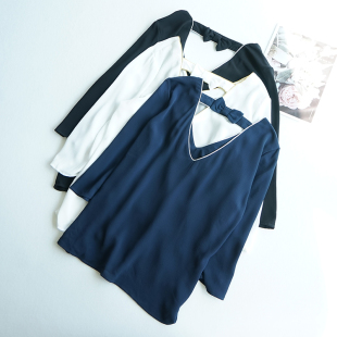 夏装 设计感V领七分袖 女士上衣大码 精致小洋装 后背镂空1882 雪纺衫