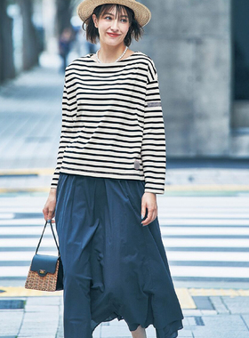 纯棉宽松T恤女士圆领长袖上衣条纹衫春秋季新款T362女装有大码