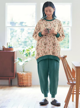 日系千家大码宽松女士家居服纯棉睡衣夹棉衍缝印花长袖上衣N102