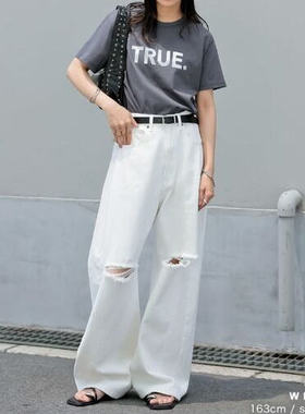 纯棉弯刀阔腿裤破洞牛仔裤镰刀裤时髦水洗立体长裤女士休闲裤K218