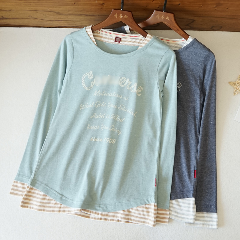 休闲舒适长袖女士T恤拼接打底衫