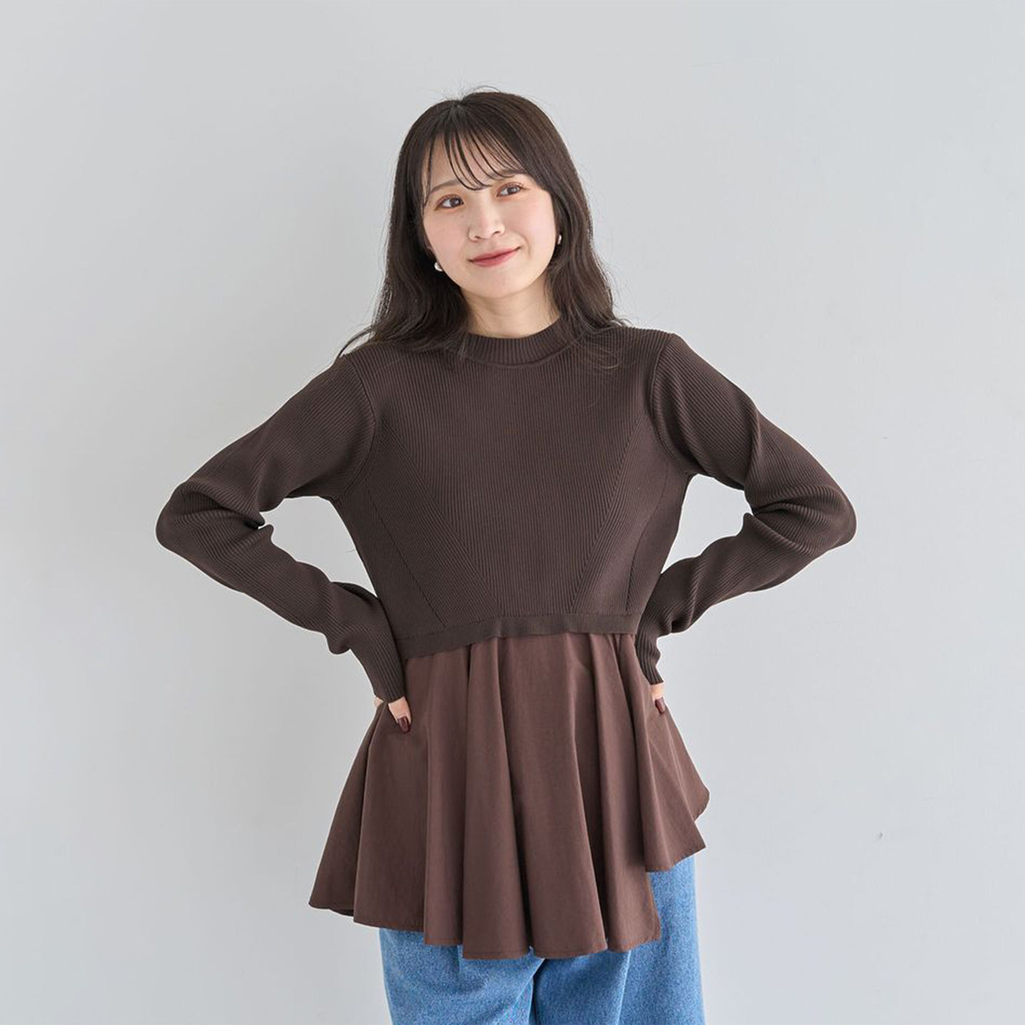 时尚拼接款荷叶边裙摆针织衫女士春秋季上衣圆领长袖T573