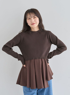 时尚拼接款荷叶边裙摆针织衫女士春秋季上衣圆领长袖T573