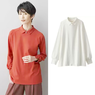 女装 宽松纯色大码 T恤T529春秋季 日系纯棉丝光棉女士上衣翻领长袖
