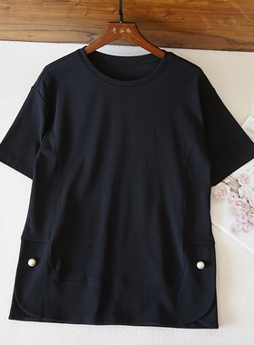 日系高品质纯棉短袖T恤夏季女士圆领黑色上衣雅致显瘦通勤T231