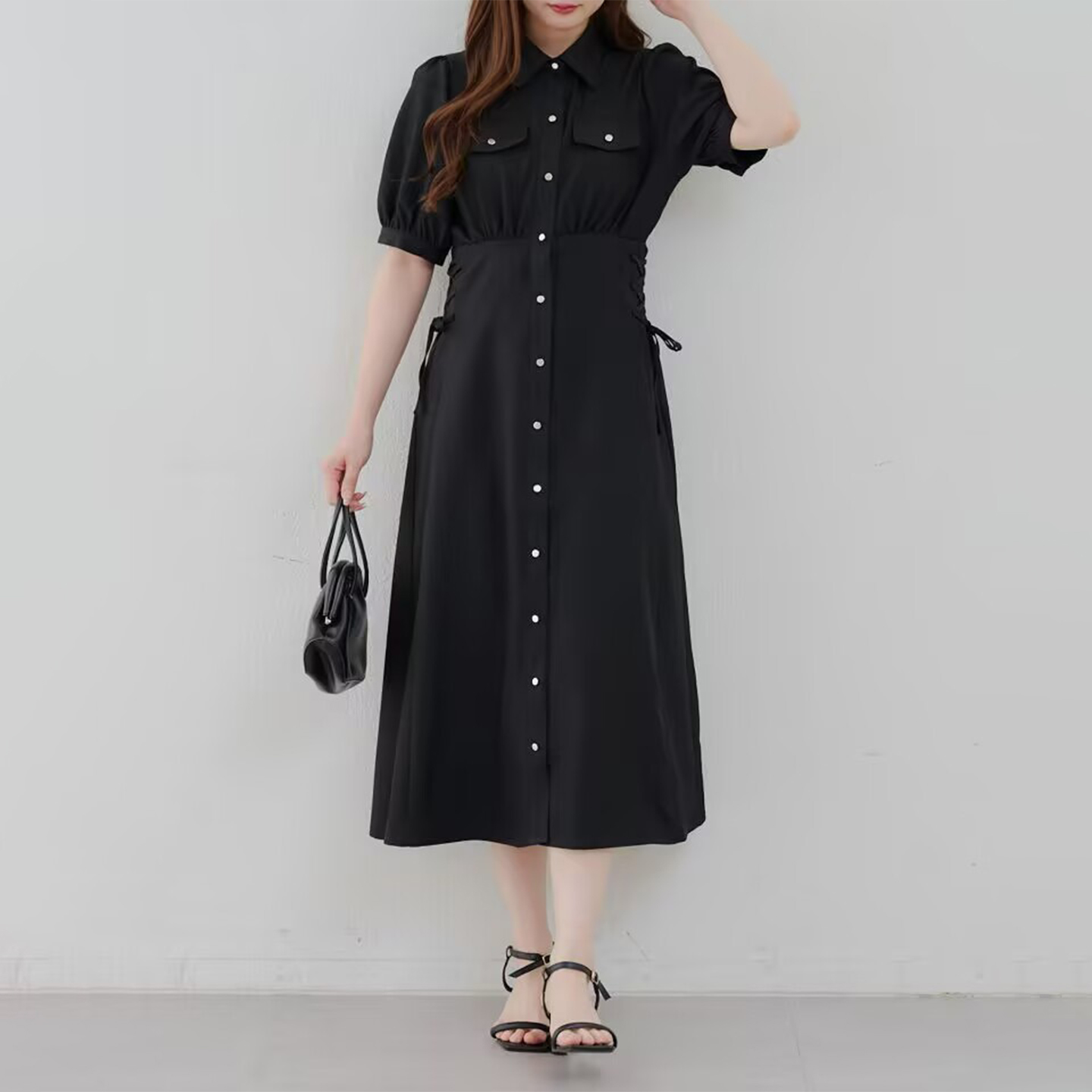 衬衫领黑色短袖连衣裙女士长裙