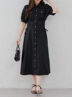 日系夏秋新款女士短袖连衣裙黑色长裙收腰衬衫裙A字裙纯色新品Z11