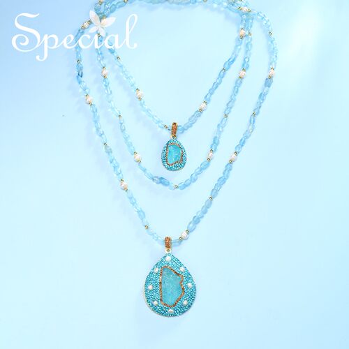 SPECIAL欧美海蓝宝珍珠多长项链