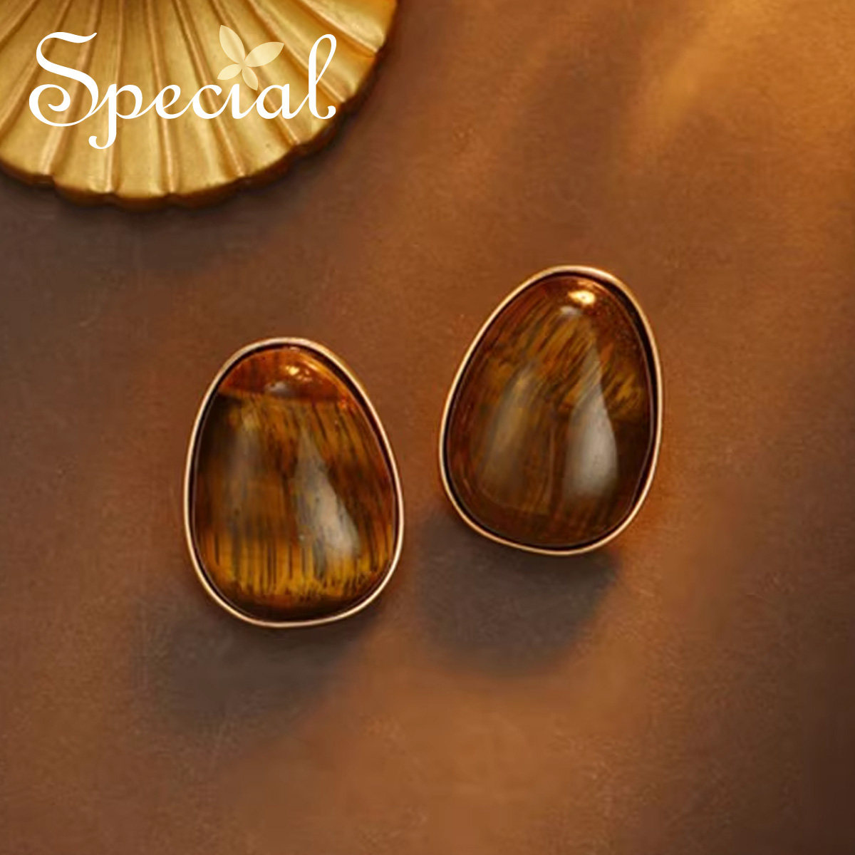 SPECIAL欧美复古轻奢小众设计虎眼石耳钉女士耳环耳饰2026年新款