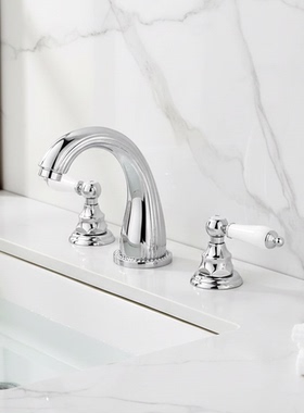 欧式复古银色铜面盆龙头三孔台盆水龙头浴室洗脸盆陶瓷把手冷热