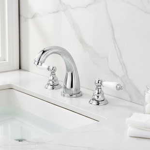 欧式 复古银色铜面盆龙头三孔台盆水龙头浴室洗脸盆陶瓷把手冷热