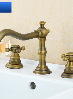 仿古水龙头 冷热水分体式台盆浴室柜 欧式双把三孔面盆龙头黄铜