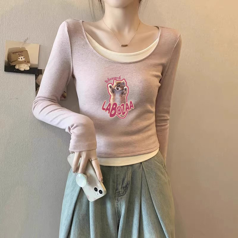 小众设计感假两件撞色拼接长袖T恤女秋冬修身显瘦打底衫内搭上衣