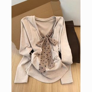 修身 美式 新款 t恤女春装 显瘦打底保暖上衣ins潮 复古蝴蝶结波点长袖