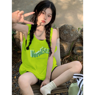 新款 多巴胺海邊坎肩寬松T恤上衣 熒光綠色吊帶運動背心女夏季 美式